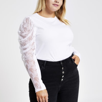Plus – Weißes Longsleeve mit Puffärmeln aus Netzstoff