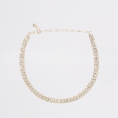 Goudkleurige chokerketting met vierkante siersteentjes