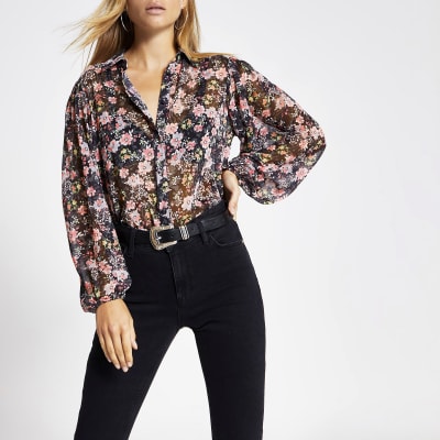 Black floral long sleeve sheer shirt
