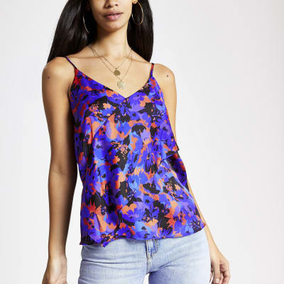 Paarse asymmetrische camitop met print