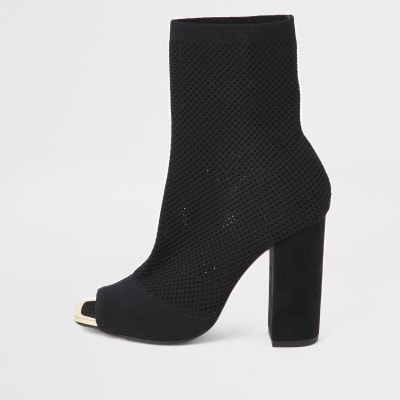 Black knitted peep toe wide fit sock boot