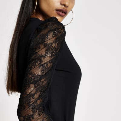 Petite black long sheer puff sleeve T-shirt