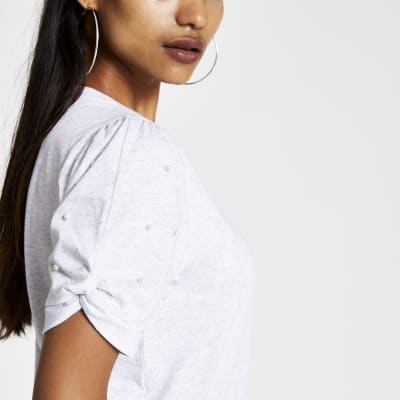 RI Petite - Grijs T-shirt met parels op korte mouwen