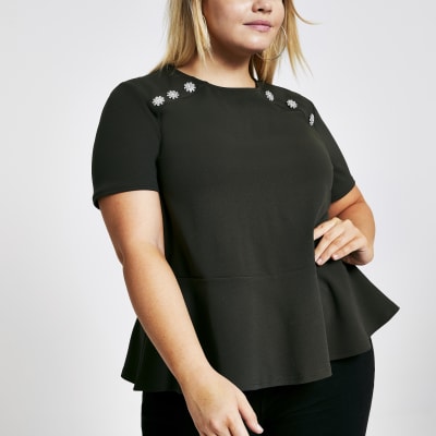 Plus khaki button shoulder peplum top