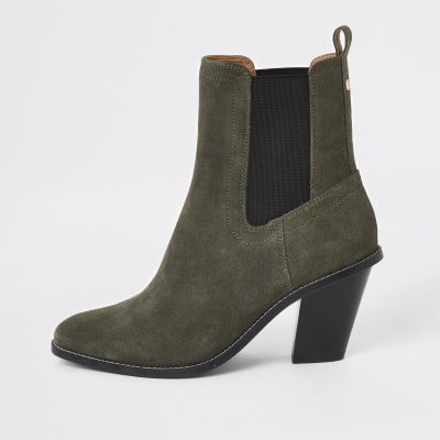 Bottes western à talons en daim kaki