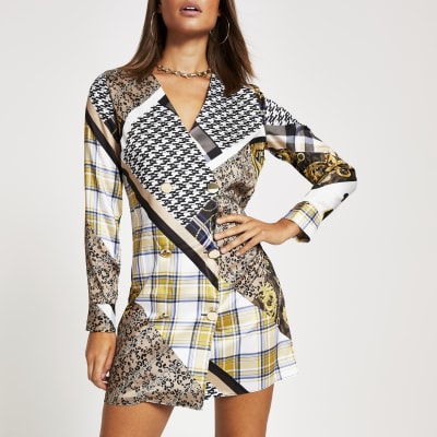 Bruine swingjurk blazer met lange mouwen en met print