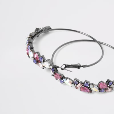 Dark grey jewel hoop earrings