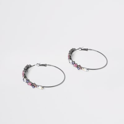 Dark grey jewel hoop earrings