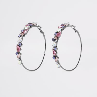 Dark grey jewel hoop earrings