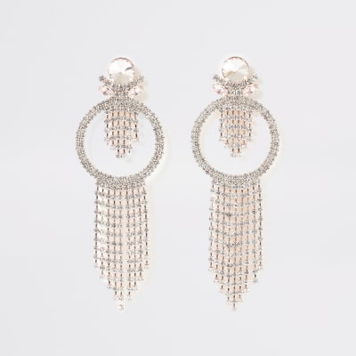 Rosé-goldfarbene Hängeohrringe mit Quaste, Strassstein und Schmuckstein