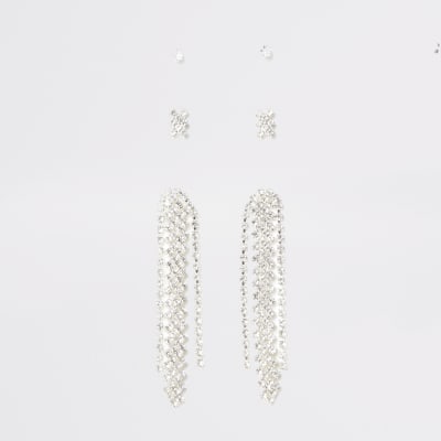 Zilverkleurige oorhangers met siersteentjes set van 3