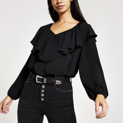 Black long sleeve frill V neck top