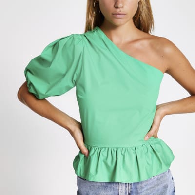 Green one shoulder peplum top