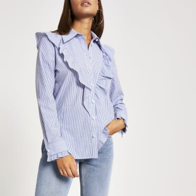 Langärmliges Hemd mit blauen Streifen und Rüschen