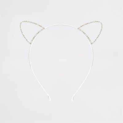 Zilverkleurige haarband met kattenoren en siersteentjes