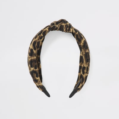 Brauner, plissierter Haarreif mit Leopardenprint und Knotenoptik