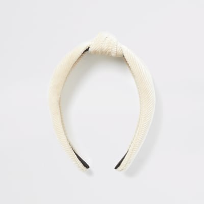 Crème corduroy hoofdband met knoop