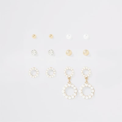 Goldfarbene Ohrringe mit Kunstperlen im Set