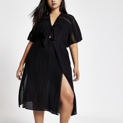 Plus black short sleeve kimono dress