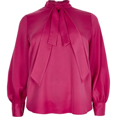 Plus – Rosa, langärmeliges Oberteil mit Schleife am Kragen