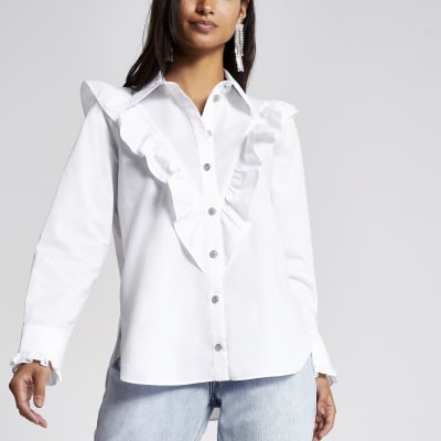 Petite – Weiße, langärmelige Bluse mit Brustlatz-Design und Rüschen