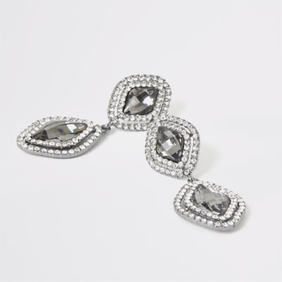 Grey jewel diamante paved drop earrings