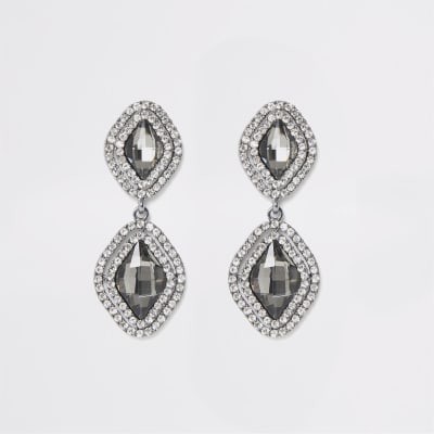 Grey jewel diamante paved drop earrings