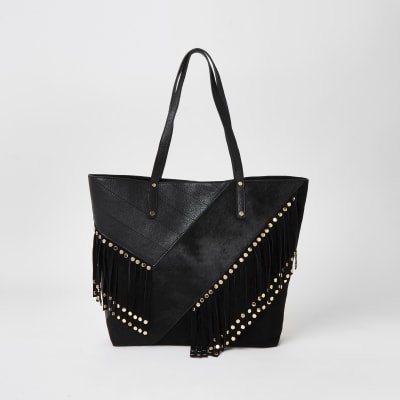 Zwarte leren shopper handtas met franje en studs
