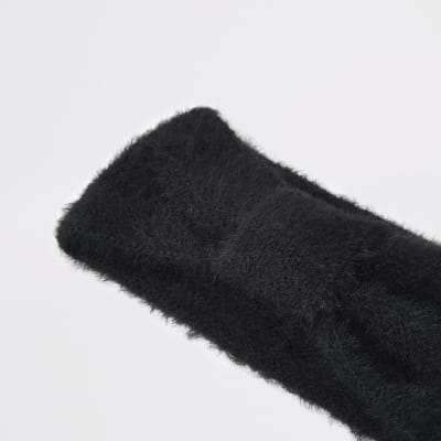 Black bow front fluffy knit headband