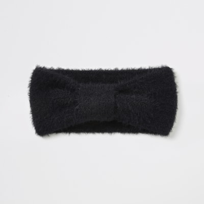 Black bow front fluffy knit headband