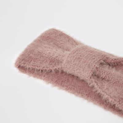 Pink bow front fluffy knit headband