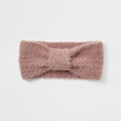 Pink bow front fluffy knit headband