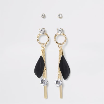 Lot de 2 boucles d'oreilles dorées à plumes