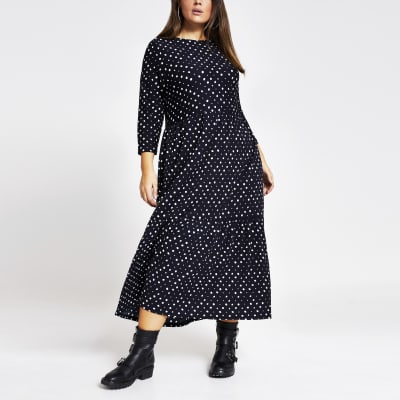 Plus navy spot midi smock dress