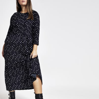 Plus navy spot midi smock dress
