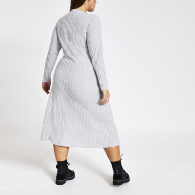 Plus grey ribbed jersey midi dress