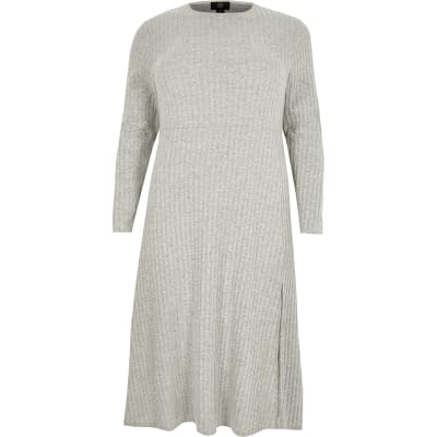 Plus grey ribbed jersey midi dress