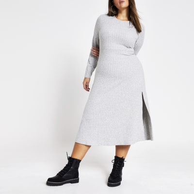 Plus grey ribbed jersey midi dress