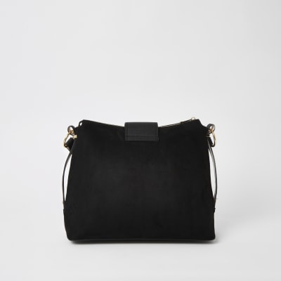 Black faux suede lock front slouch bag