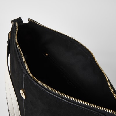 Black faux suede lock front slouch bag