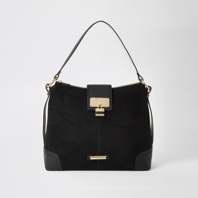 Black faux suede lock front slouch bag