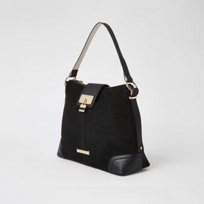 Black faux suede lock front slouch bag
