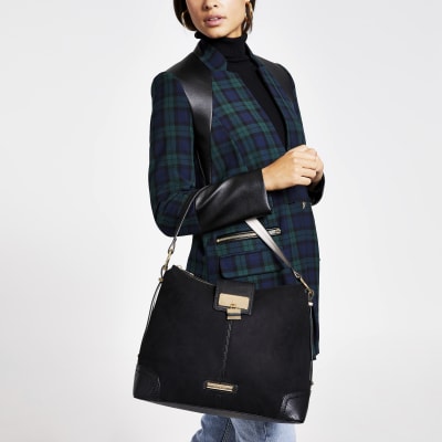 Black faux suede lock front slouch bag