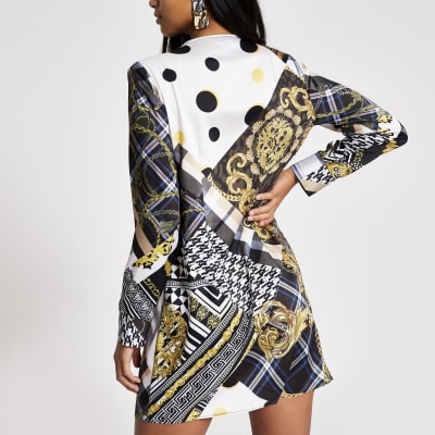 Petite brown printed long sleeve tux dress