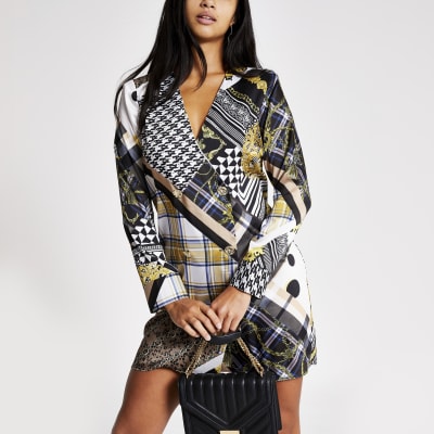 Petite brown printed long sleeve tux dress