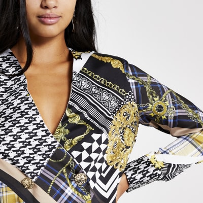 Petite brown printed long sleeve tux dress