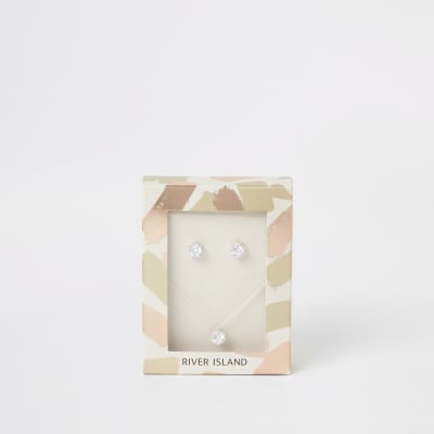 Coffret cadeau collier et boucles d'oreilles argentés à strass