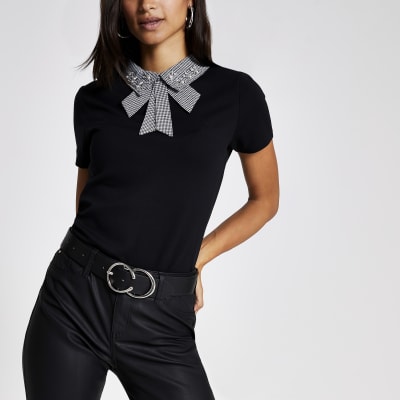 Zwart T-shirt met verfraaide kraag en pied-de-poule-motief