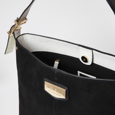 Black suedette padlock side slouch bag