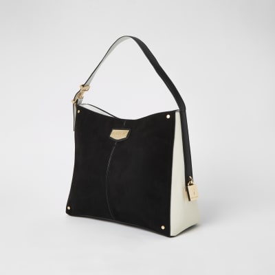 Black suedette padlock side slouch bag